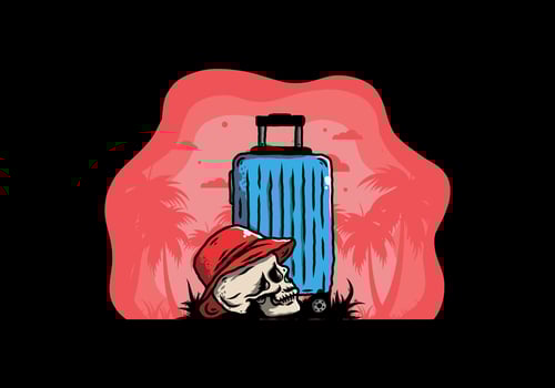 skull head wearing a hat under a traveling suitcase illustration vector