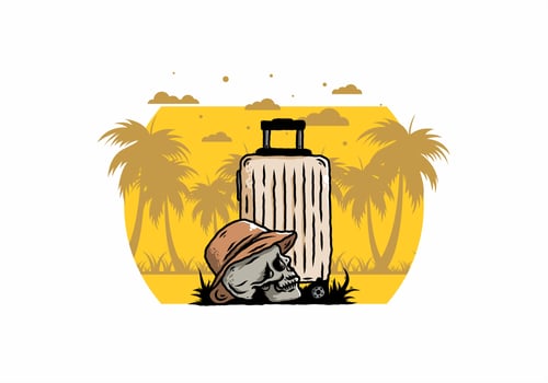skull head wearing a hat under a traveling suitcase illustration vector