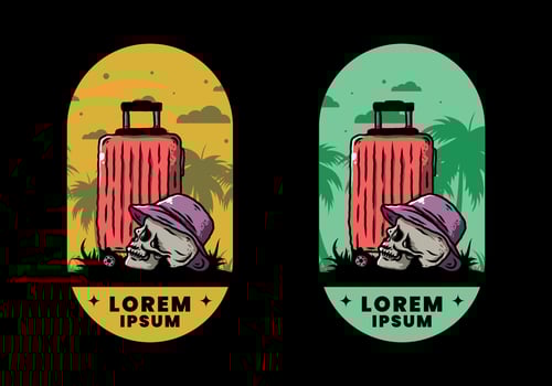 skull head wearing a hat under a traveling suitcase illustration vector