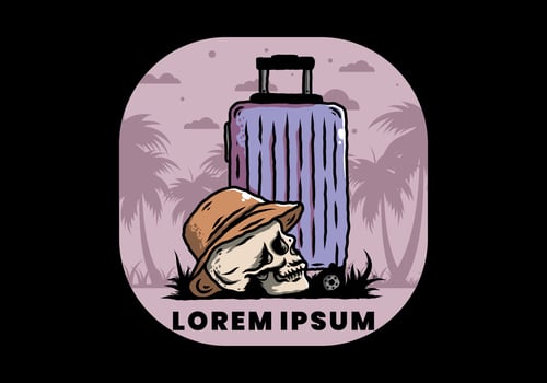 skull head wearing a hat under a traveling suitcase illustration vector