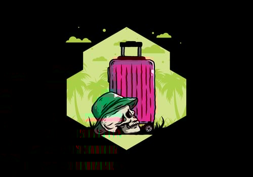 skull head wearing a hat under a traveling suitcase illustration vector