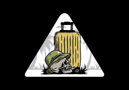 skull head wearing a hat under a traveling suitcase illustration vector