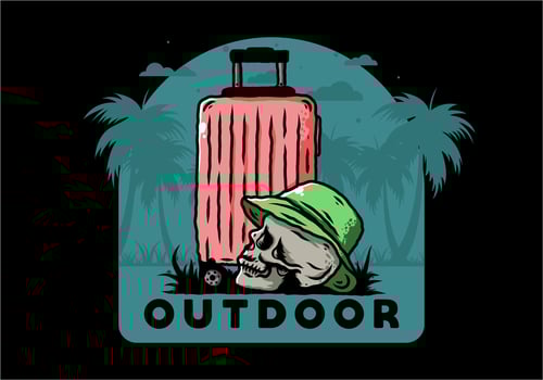 skull head wearing a hat under a traveling suitcase illustration vector
