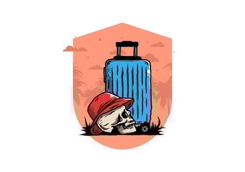 skull head wearing a hat under a traveling suitcase illustration vector