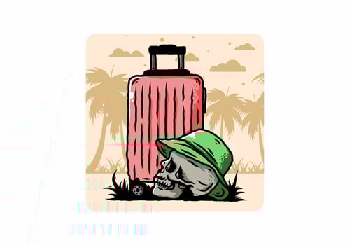 skull head wearing a hat under a traveling suitcase illustration vector