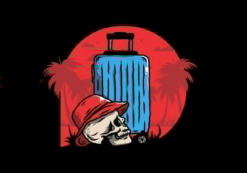 skull head wearing a hat under a traveling suitcase illustration vector