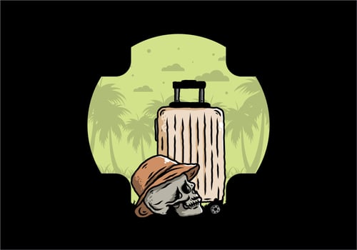 skull head wearing a hat under a traveling suitcase illustration vector