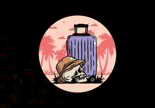 skull head wearing a hat under a traveling suitcase illustration vector