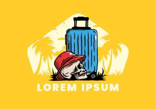 skull head wearing a hat under a traveling suitcase illustration vector