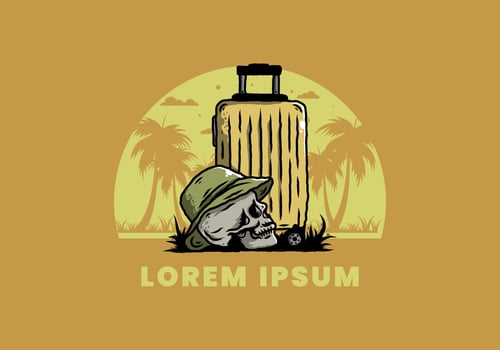 skull head wearing a hat under a traveling suitcase illustration vector