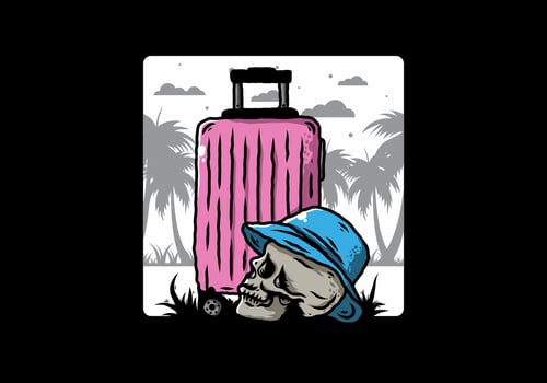 skull head wearing a hat under a traveling suitcase illustration vector