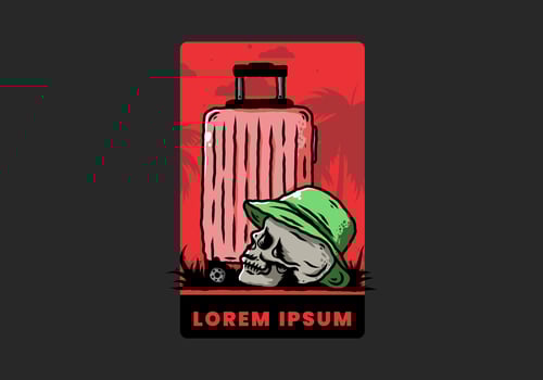 skull head wearing a hat under a traveling suitcase illustration vector