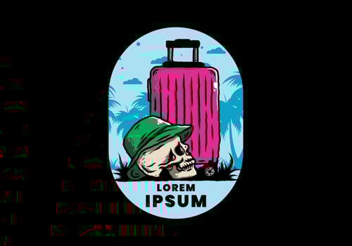 skull head wearing a hat under a traveling suitcase illustration vector