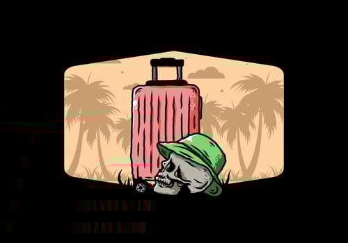 skull head wearing a hat under a traveling suitcase illustration vector