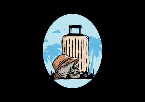 skull head wearing a hat under a traveling suitcase illustration vector