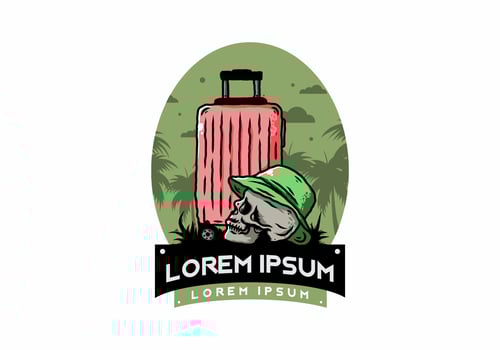 skull head wearing a hat under a traveling suitcase illustration vector