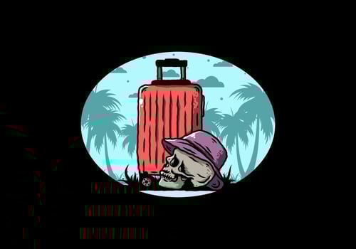 skull head wearing a hat under a traveling suitcase illustration vector