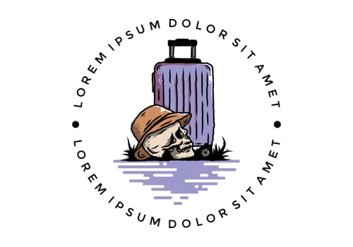 skull head wearing a hat under a traveling suitcase illustration vector