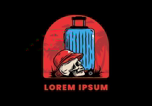 skull head wearing a hat under a traveling suitcase illustration vector
