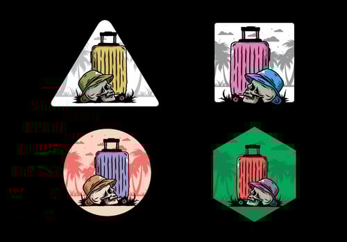 skull head wearing a hat under a traveling suitcase illustration vector