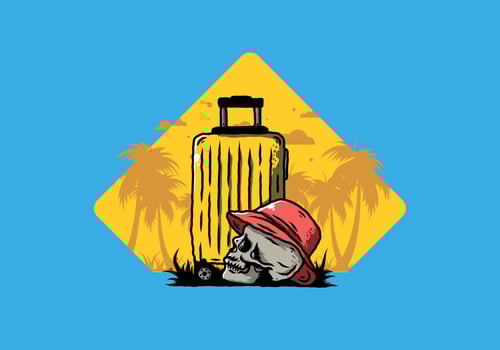 skull head wearing a hat under a traveling suitcase illustration vector