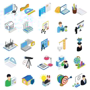 Study of engineer icons set, isometric style vector