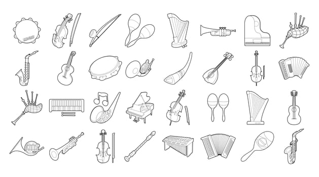 Musical instrument icon set, outline style vector