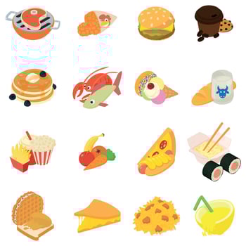 Variety of food icons set, isometric style vector