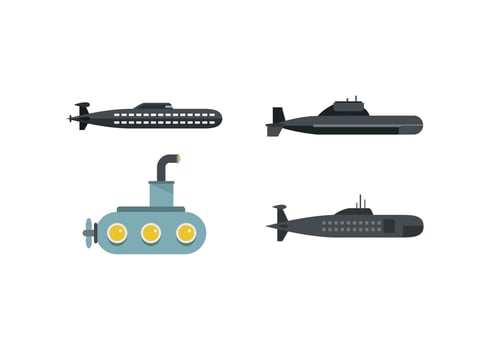 Submarine icon set, flat style vector