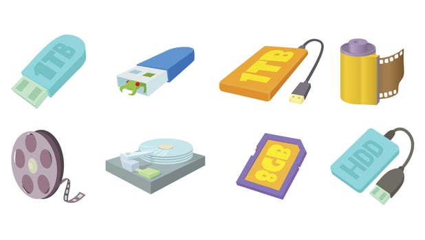 Memory source icon set, cartoon style vector