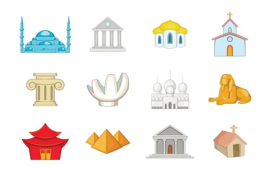 Temple icon set, cartoon style vector