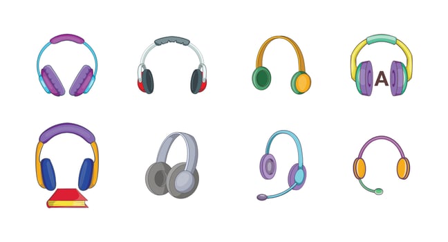 Headphones icon set, cartoon style vector