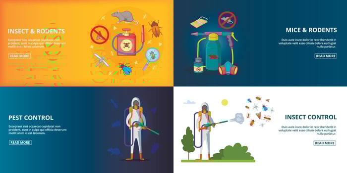 Pest control horizontal banners set cartoon vector illustration