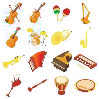 Musical instruments icons set, isometric style vector