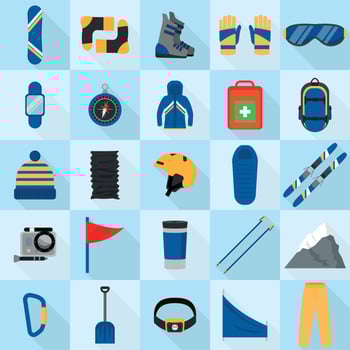 Mountain snowboarding equipment icons set, flat style vector