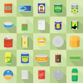 Tin can icons set, flat style vector