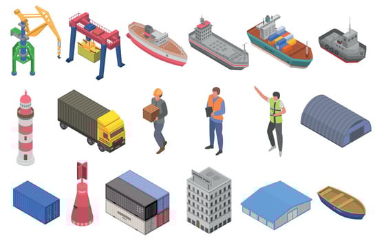 Marine port icons set, isometric style vector