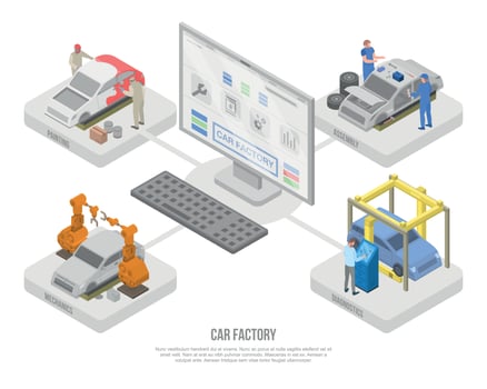 Car factory production concept banner, isometric style vector
