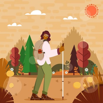 Woman Hiking Alone In Fall Season Concept vector