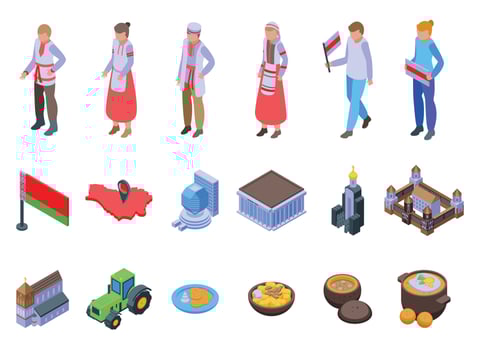 Belarus icons set isometric vector. Minsk architecture vector