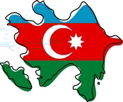 Stylized outline map of Azerbaijan with national flag icon. Flag color map of Azerbaijan vector illustration.