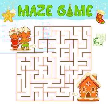Christmas Maze puzzle game for children. Maze or labyrinth game with Christmas Gingerbread man and Gingerbread house. vector