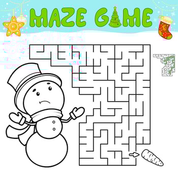 Christmas Maze puzzle game for children. Outline maze or labyrinth game with christmas Snowman. vector