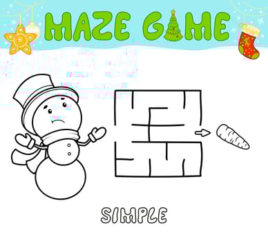 Christmas Maze puzzle game for children. Simple outline maze or labyrinth game with christmas Snowman. vector