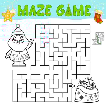 Christmas Maze puzzle game for children. Outline maze or labyrinth game with Santa claus. vector
