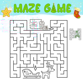 Christmas Maze puzzle game for children. Outline maze or labyrinth game with christmas sleigh. vector