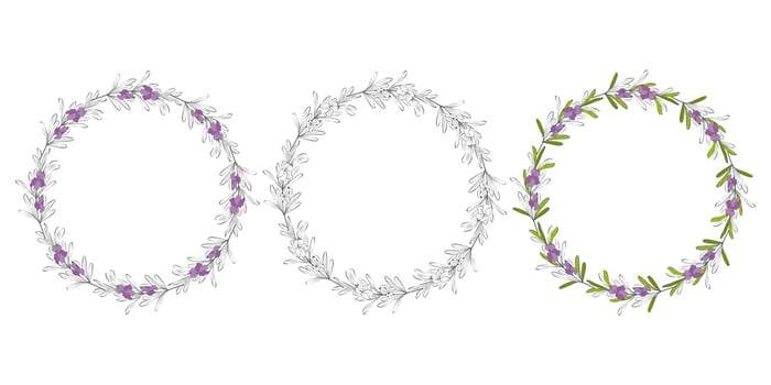 Wreath hand drawing round frame Rosemary sprigs. Set of floral wreaths with leaves, branches. Decorative elements for design. Dudling outline silhouette. Vector illustration