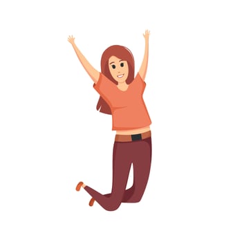 Happy girl in a jump with arms raised up. Cartoon vector illustration