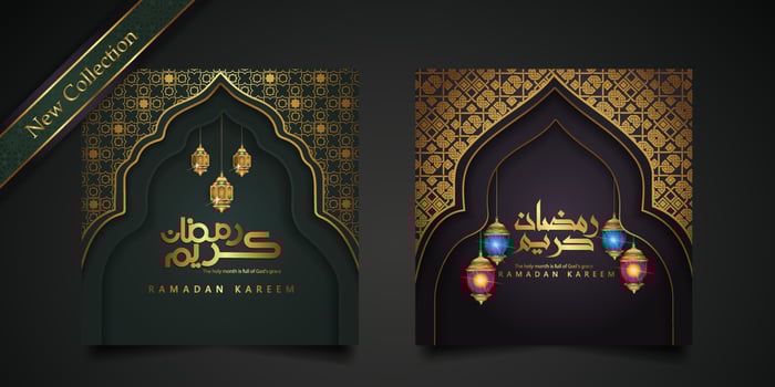 Ramadan background islamic greeting design with mosque door with floral ornament and arabic calligraphy. vector illustration