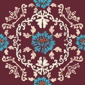Blue vintage flowers with ornate patterns on burgundy background. Vintage texture pattern. Seamless damask pattern. Vector illustration. For wallpaper, textile, tile or wrapping paper.